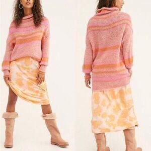 Free People Pink & Orange Striped Turtleneck Sweater Size L